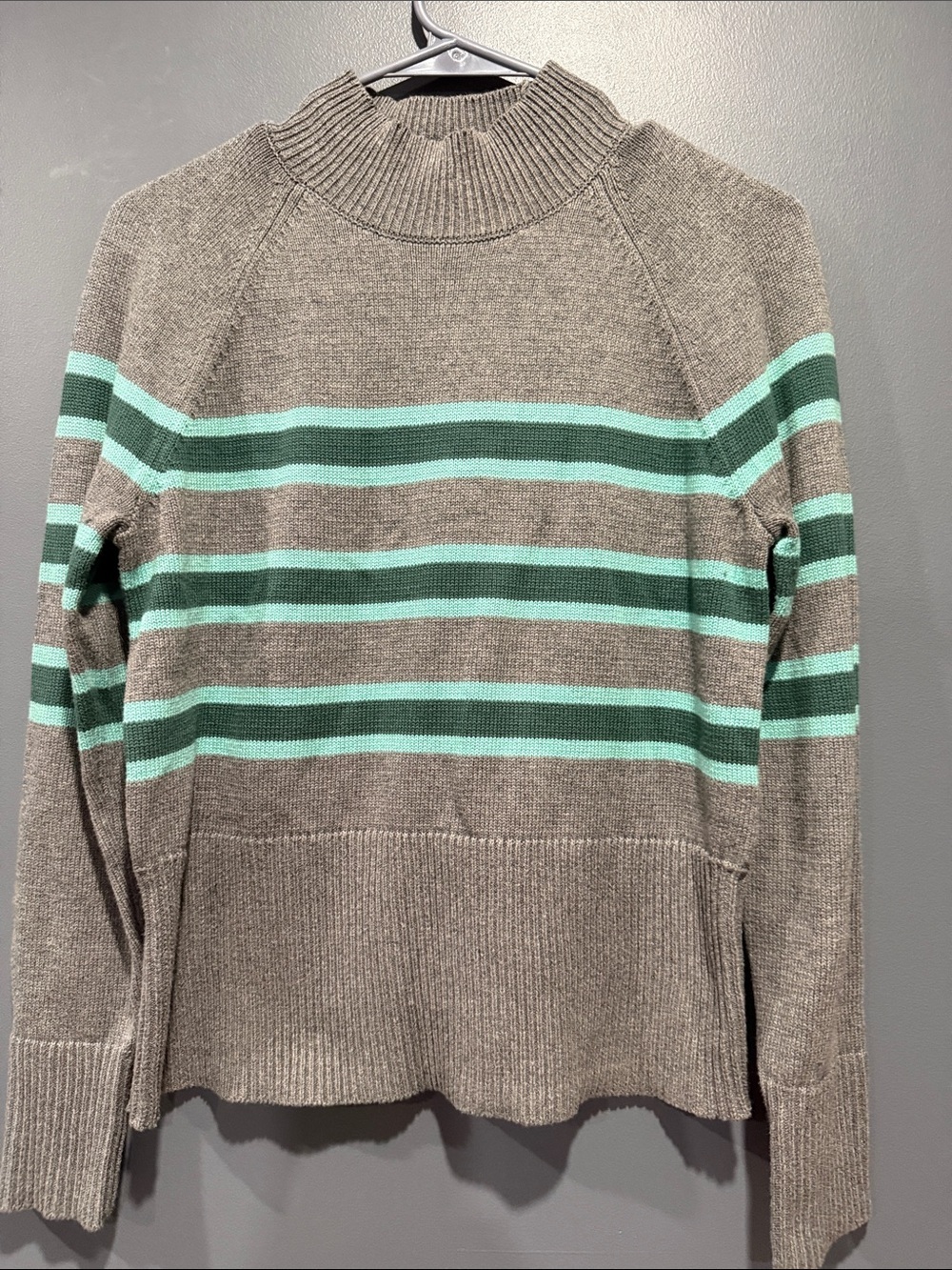 LOFT Gray Stripe Mock Neck Cotton Sweater Size Small Mint Green Ribbed Knit